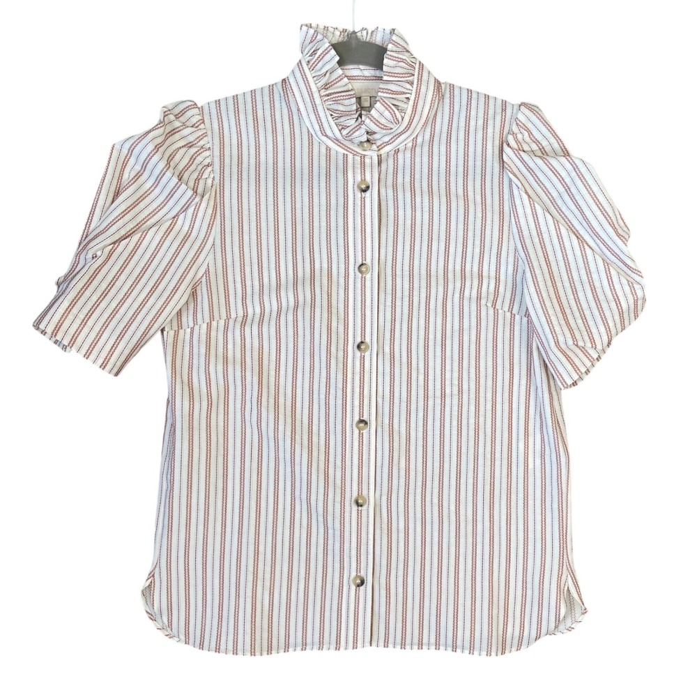 Vanessa Bruno Athina Striped Ruffle Neck Puff Sleeve Cotton Blouse Size 36 US 4